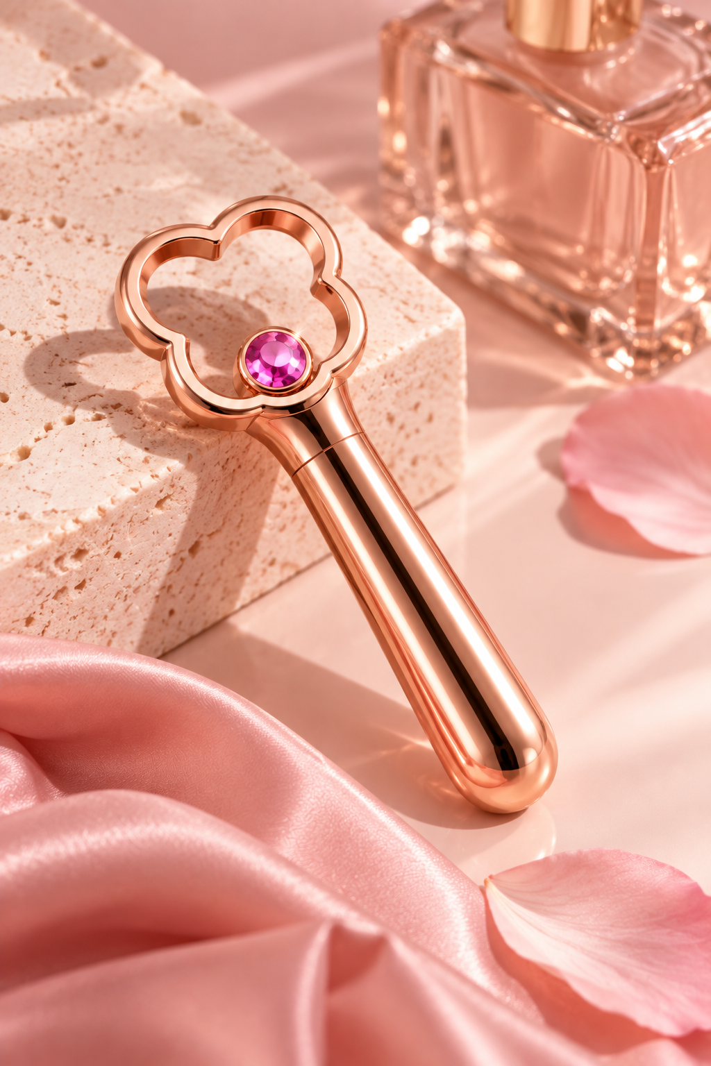 The Golden Girl gold bullet vibrator on blush satin - Naughty Little Thing