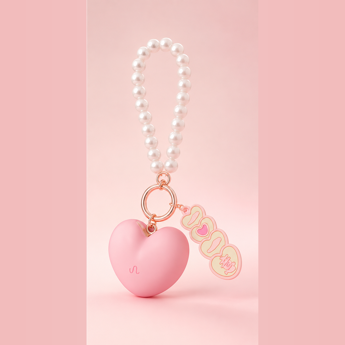 The Key to Pleasure pink heart keychain vibrator on pastel pink