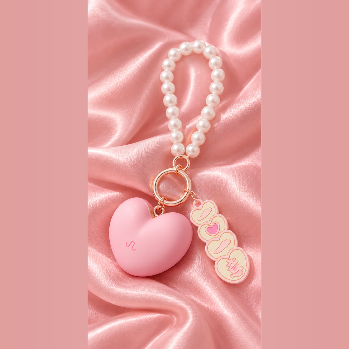 The Key to Pleasure pink heart keychain vibrator on pink satin