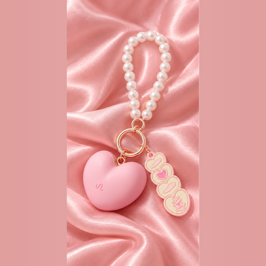 The Key to Pleasure pink heart keychain vibrator on pink satin